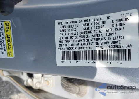 2013 Honda Accord Lx z USA, uszkodzony, nr VIN 1HGCR2F35DA063158